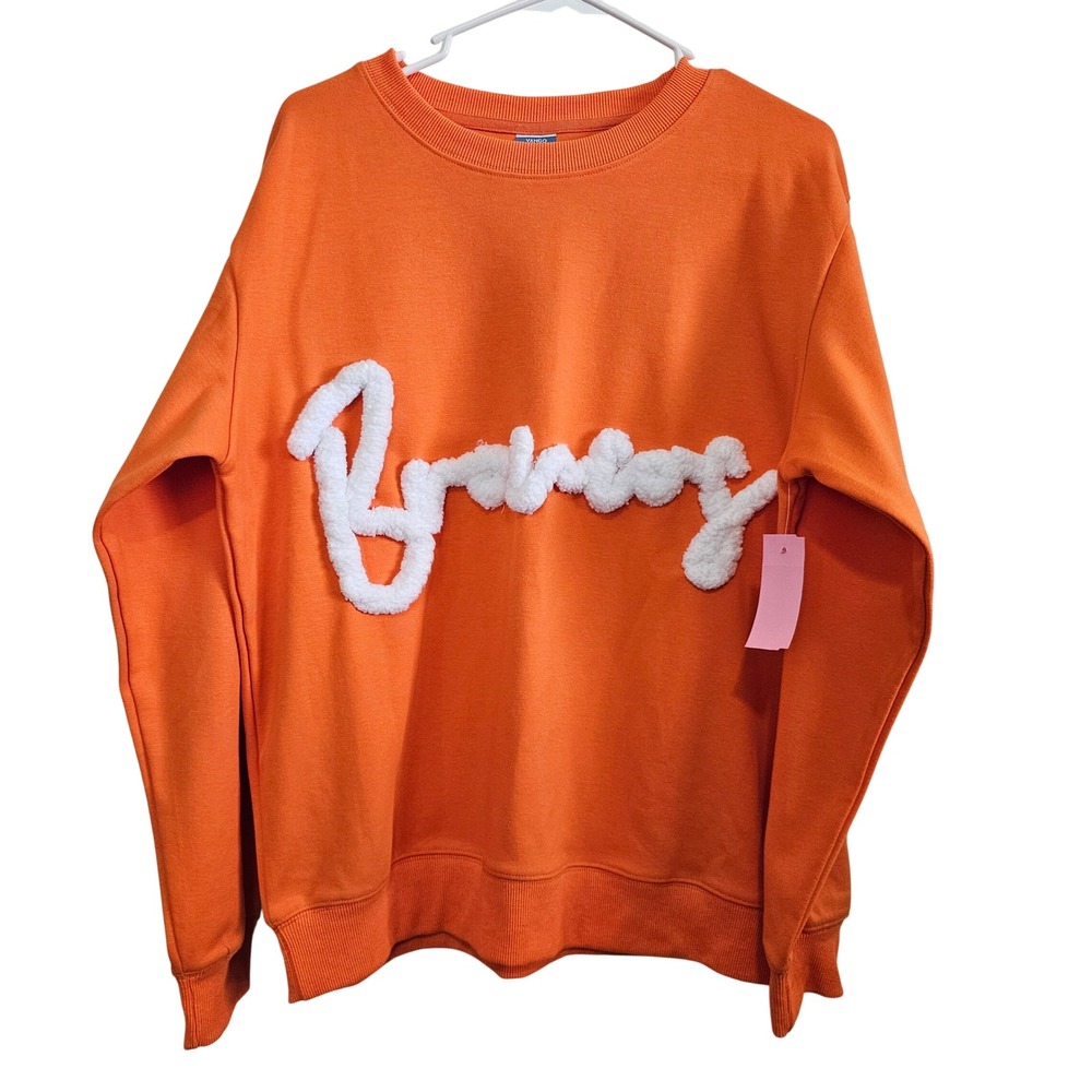 Vango Orange Crewneck Sweatshirt White‎ Chenille Script Logo Mens Medium Cotton